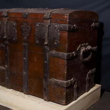 Coffer 17th Century French Oak and Iron Money Chest with Original Lock and Key